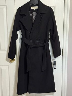 Sebby Collection Black Wool Belted Pea Coat